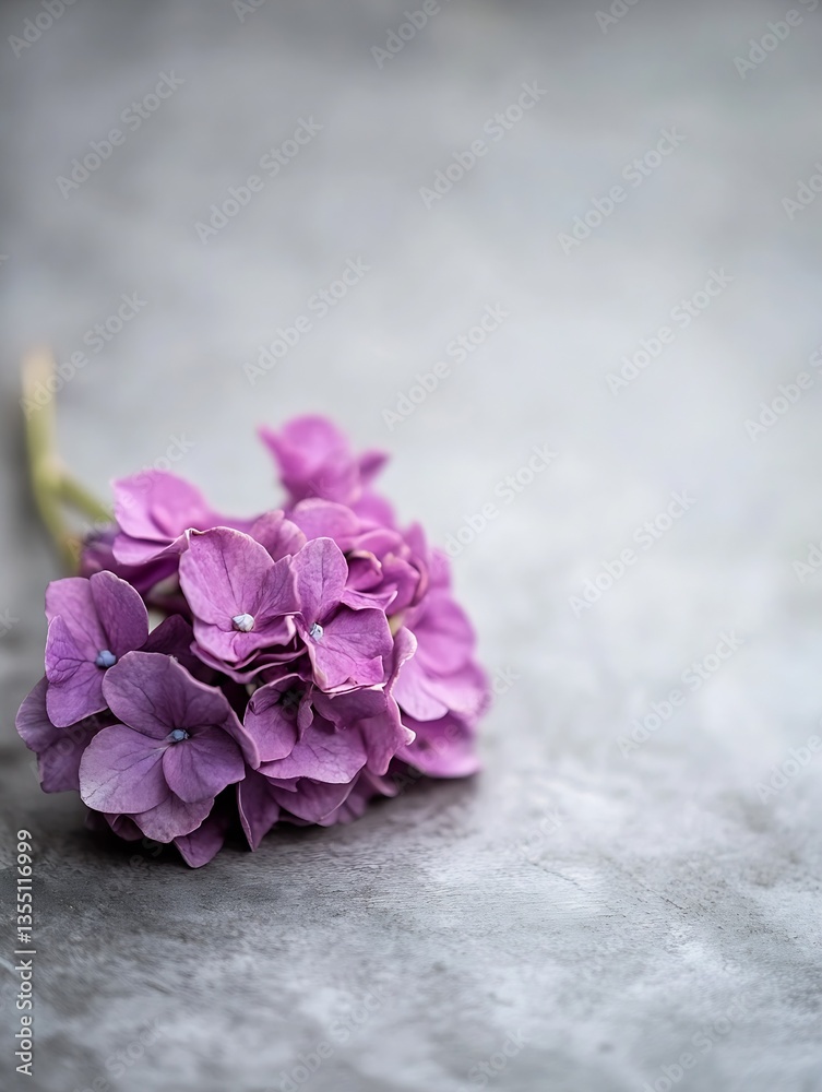 Poster beautiful purple hydrangea flowers placed elegantly on a textured gray background conveying tranquil