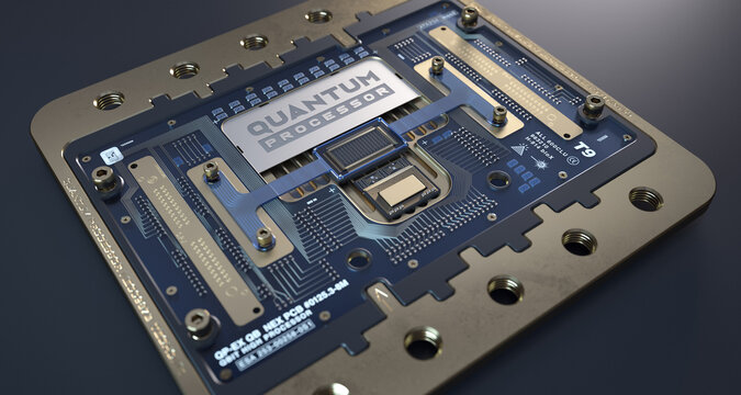 Close-up of a quantum processor. Realistic 3D concept.
