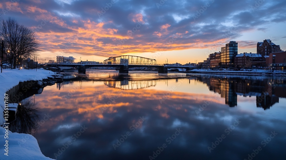Poster stunning winter sunset reflecting on a calm river with a bridge and city skyline in the backdrop : g