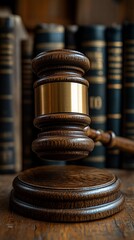 Gavel on sound block with law books.
