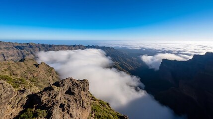 Stunning panoramic view of majestic mountains and clouds from a high altitude against a clear blue sky : Generative AI