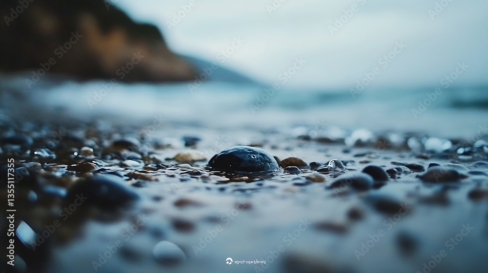 Aufkleber Closeup of smooth pebbles on a wet beach with gentle ocean waves in a moody atmosphere : Generative AI