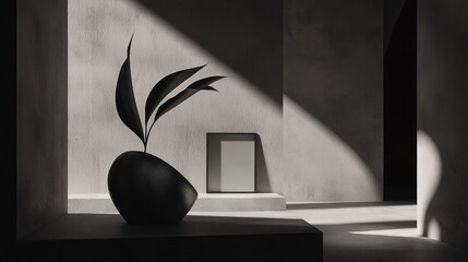 Modern plant display in a minimalist studio, sunlit