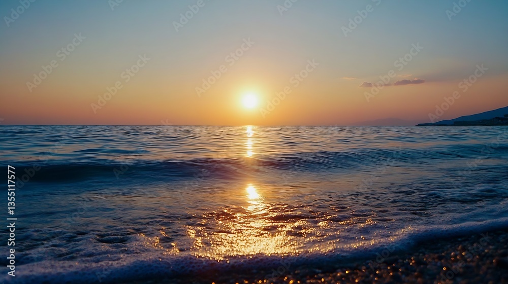 Aufkleber beautiful sunset over calm ocean waves creating a serene beach atmosphere at dusk : generative ai