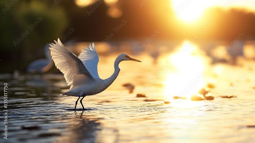 Poster graceful white heron wading through tranquil waters at sunset with soft golden light illuminating th
