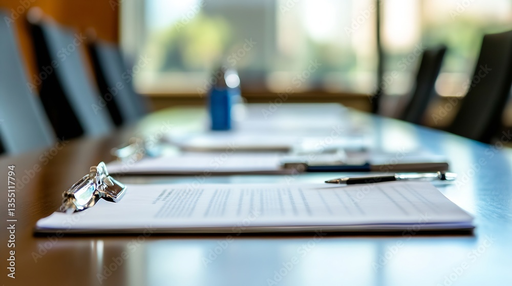 Poster Professional office setting with documents and stationery organized on a conference table : Generative AI