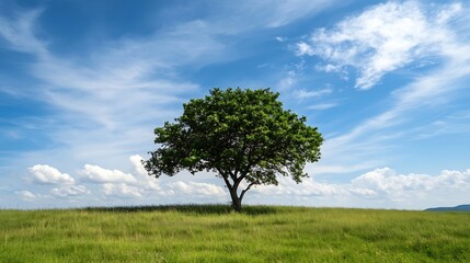 Obraz premium Lonely yet majestic tree standing tall under a bright blue sky with fluffy clouds perfect for nature lovers : Generative AI