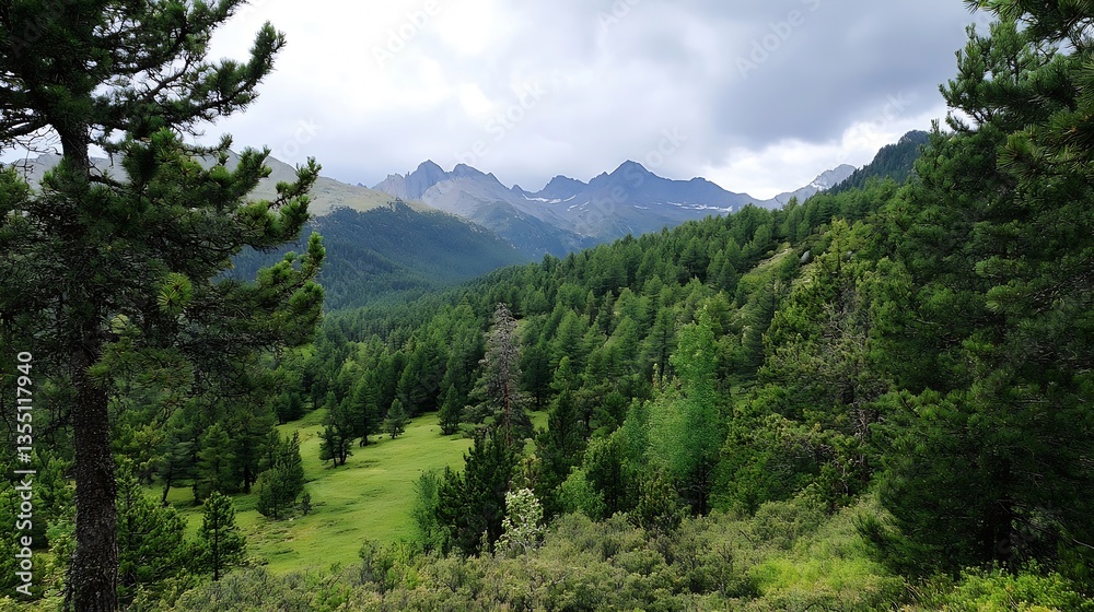 Poster Majestic view of a mountain range with dense forests in the foreground creating a serene and natural environment : Generative AI