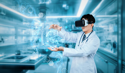 Doctor wearing VR glasses and lab coat holding at medical data while managing augmented reality...