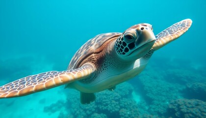 Obraz premium Sea Turtle Swimming Underwater in Ocean Environment with Coral and Sunlight