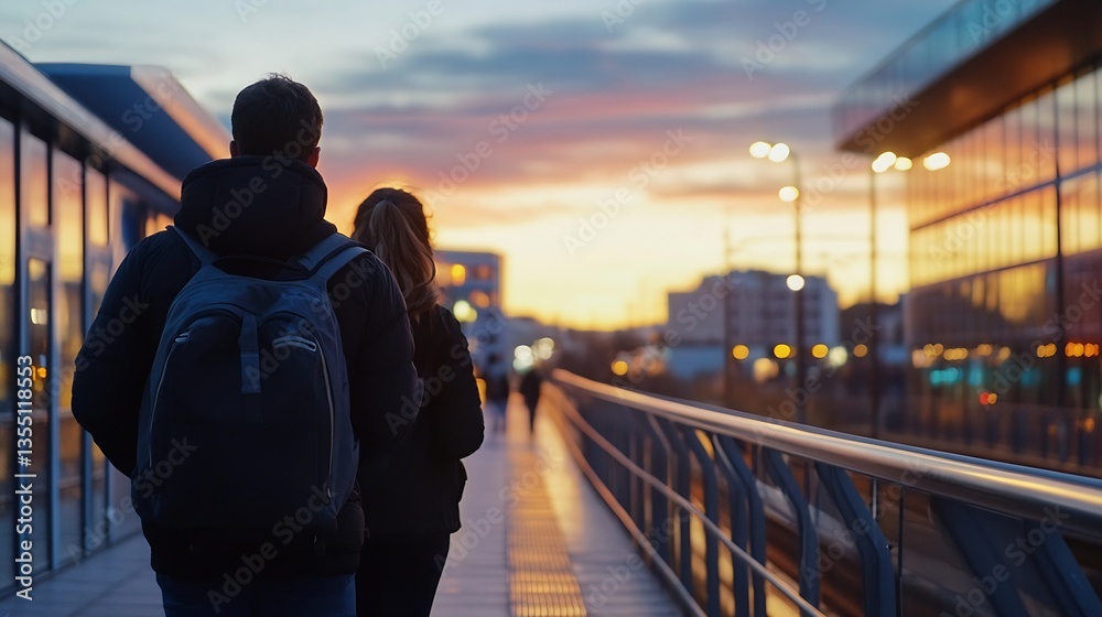 Aufkleber Silhouette of two people walking on a paved path with urban skyline at sunset : Generative AI