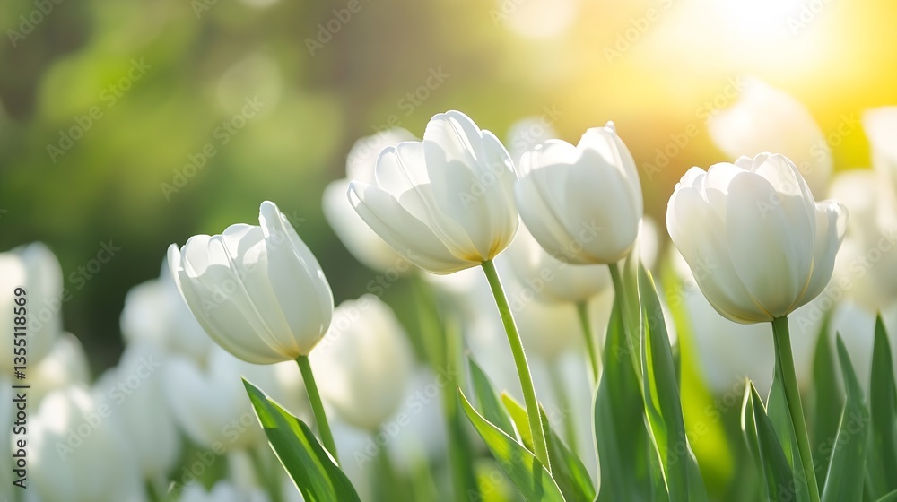 Aufkleber A beautiful cluster of white tulips is illuminated by soft sunlight in a peaceful garden setting during spring : Generative AI