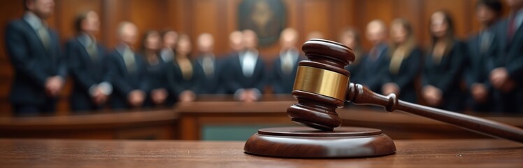 Gavel on stand, judges. Courtroom. Legal proceedings. Wooden table. Justice system. Law, crime theme. Judiciary, lawyers in background. Legal judgment. Verdict announcement.