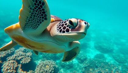 Sea Turtle Swimming Underwater with Beautiful Details and Coral Reef in Turquoise Water