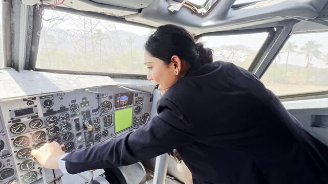 Lady trainee pilot operates aircraft controls
