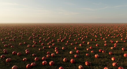 Fototapeta premium Pierced Apples Field Drone View - A vast field of red apples, each pierced by an iron nail, under a hazy sunrise. Symbolizing sacrifice, vulnerability, defiance, harvest, and loss