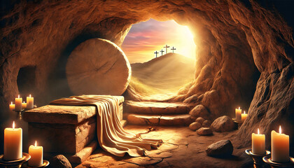 Empty Tomb of Jesus with Glowing Sunrise and Three Crosses in the Distance