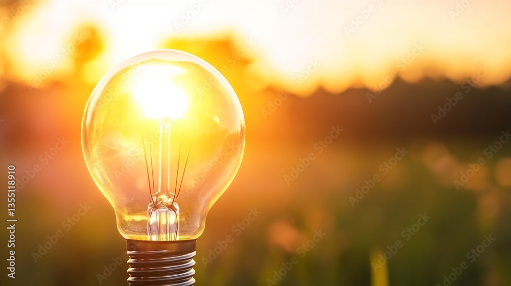 Poster light bulb glowing brightly against the backdrop of a stunning sunset in a serene natural setting : 