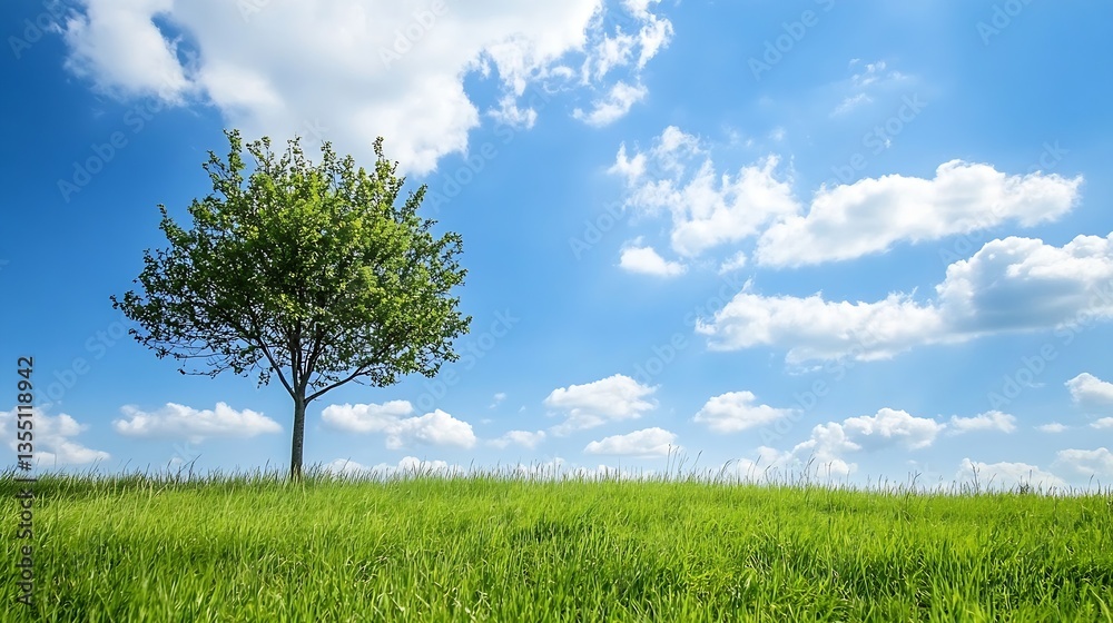 Poster lush green tree standing majestically on a vibrant hill under a bright blue sky with fluffy clouds :