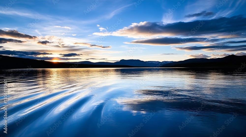 Fototapete breathtaking sunset reflection on calm lake water creating captivating wave patterns : generative ai