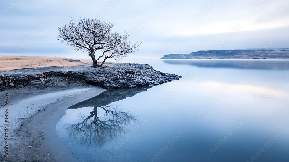 Poster lonely bare tree silhouetted by a misty shoreline with calm waters reflecting the sky : generative a