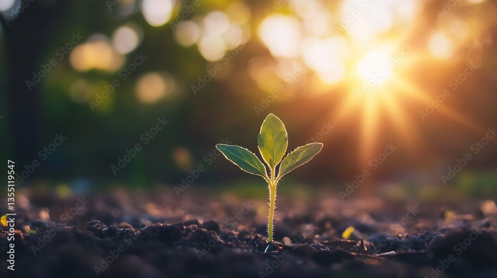 Poster new plant sprouting from soil with sunlight illuminating the growth from below : generative ai