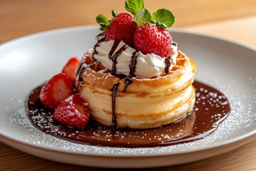 Delicious waffles topped with whipped cream, strawberries, chocolate, and mint