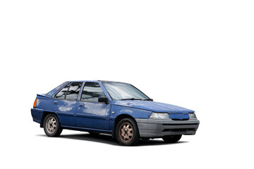Old blue sedan car isolated on white background
