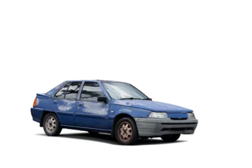 Old blue sedan car isolated on white background
