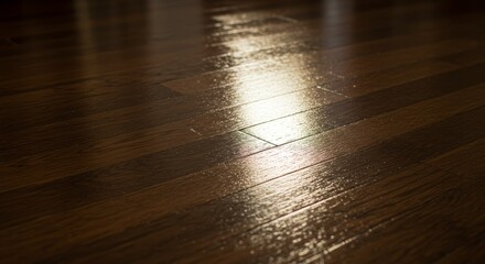 Polished Hardwood Floor Reflections - Gleaming hardwood floor reflecting light, showcasing rich wood grain and a high-gloss finish. Perfect for interior design, real estate