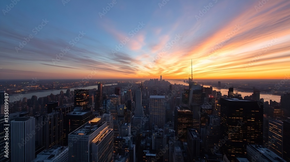 Poster stunning city skyline at twilight with colorful clouds and towering skyscrapers : generative ai