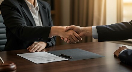 Business professionals shaking hands in modern office  