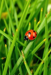 Fototapeta premium A vibrant red ladybug rests on lush green grass, isolated against a white background, detail, image, isolated
