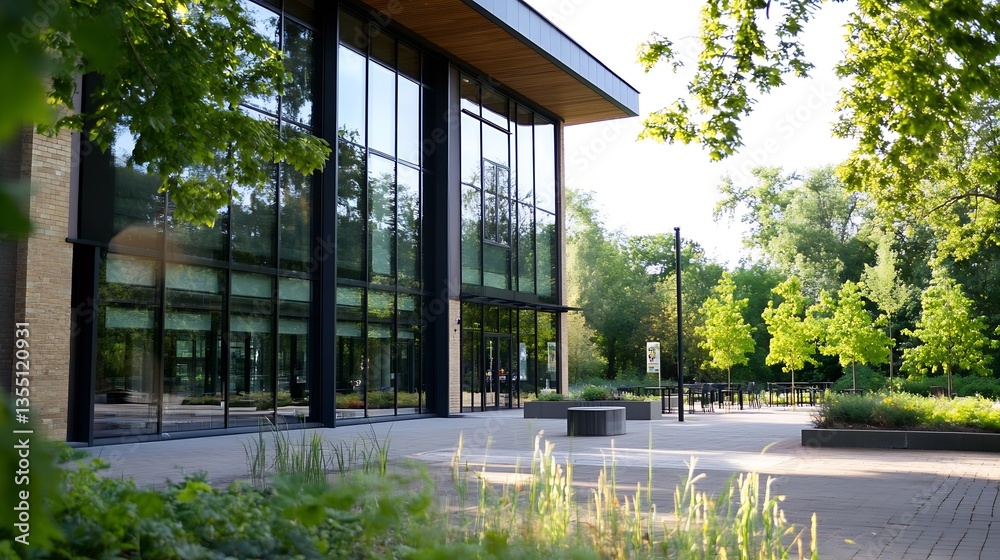 Poster Modern Architectural Building Surrounded by Trees with Sunlight Reflecting on Glass Windows : Generative AI