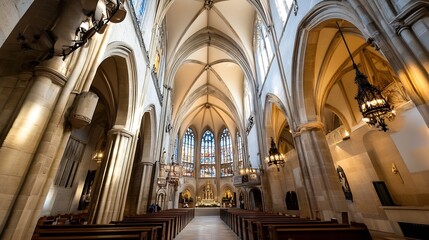 Fototapeta premium Stunning interior view of a magnificent church showcasing tall arches and colorful stained glass windows : Generative AI