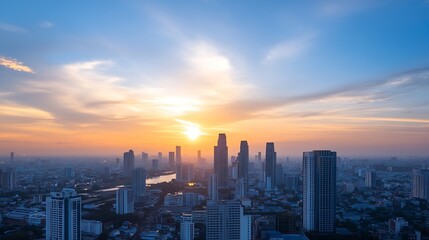 Panoramic city skyline at sunset showcasing modern skyscrapers against a vibrant orange sky : Generative AI