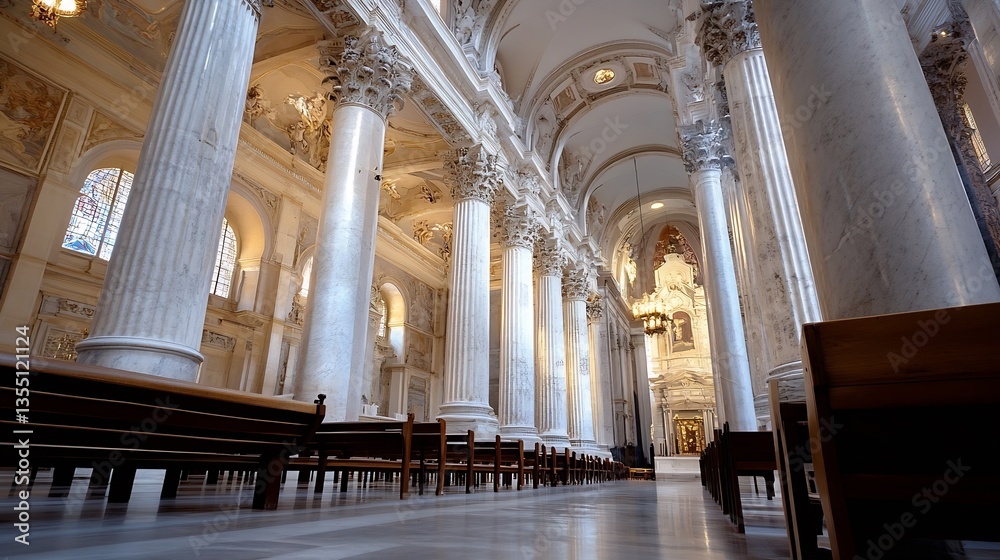 Poster majestic interior view of an ancient cathedral featuring magnificent columns and beautiful stained g