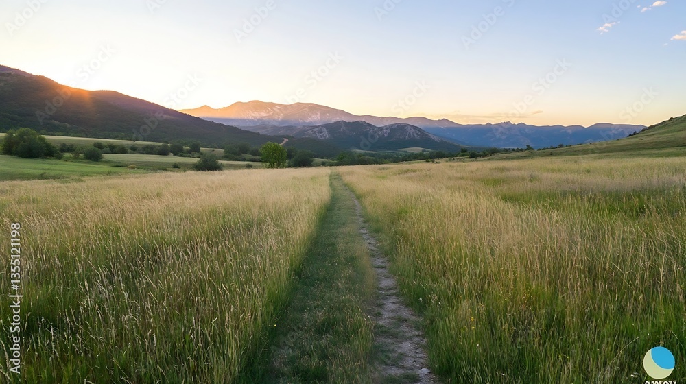 Aufkleber Serene golden hour view of a winding path through grassy fields with mountains under a clear sky : Generative AI