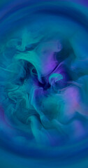 Watercolor ink. Mist paint. Glowing blue violet artistic liquid pigment flow defocused sphere shape abstract fantastic color background.