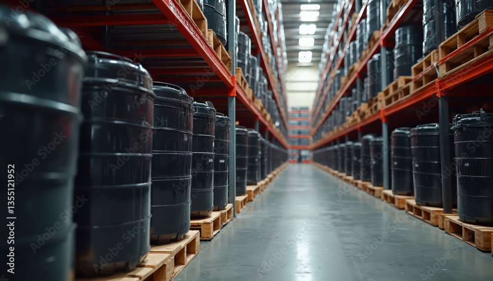 Poster warehouse filled with rows of stacked black containers. industrial storage, logistic, supply chain, 