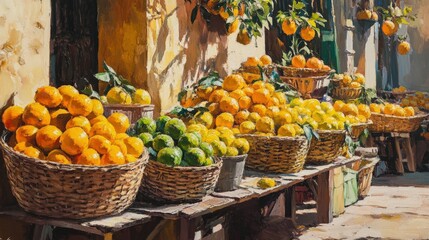 A Vibrant Painting Displays Baskets of Fresh Citrus Fruits