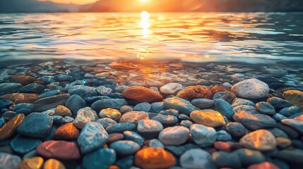 Obraz premium Riverbed reflections sunset concept. A serene view of colorful pebbles along a tranquil shoreline, reflecting the golden hues of a sunset on the water's surface.