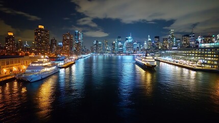 Fototapeta premium Night view of a bustling city skyline with reflections on a tranquil water surface : Generative AI