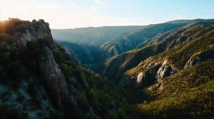 Obraz premium Breathtaking view of mountainous terrain with lush greenery and dramatic light at sunset for nature lovers : Generative AI