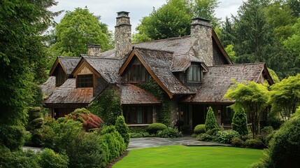 Fototapeta premium Charming Stone House Surrounded by Lush Greenery and Trees