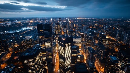 Fototapeta premium Aerial View of a Beautiful City Lit Up at Night with Skyscrapers and Bright Lights : Generative AI