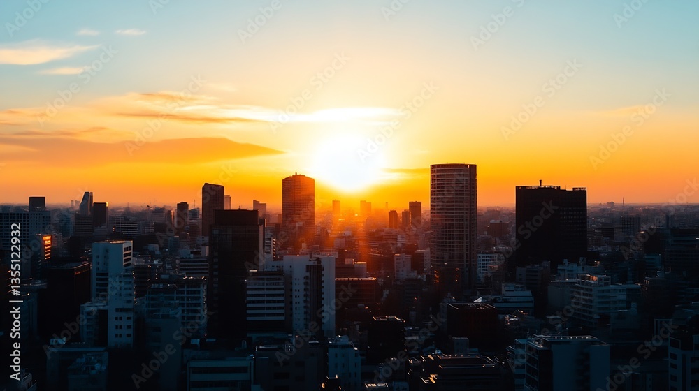 Poster stunning city skyline illuminated by sunset with dramatic clouds and modern architecture : generativ
