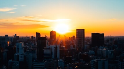 Obraz premium Stunning city skyline illuminated by sunset with dramatic clouds and modern architecture : Generative AI