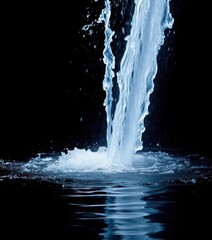 Intense water jets cascade against a stark black background, energy, art