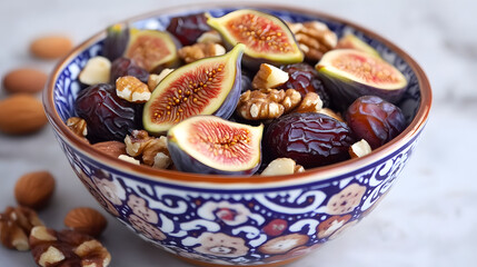 Fototapeta premium A colorful snack bowl with fresh dates, figs, and a combination of mixed nuts such as almonds, hazelnuts, and walnuts, perfect for a healthy treat.